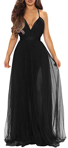 XXTAXN Womens Sexy Deep V Neck Split Cocktail Formal Prom Maxi Dress Black