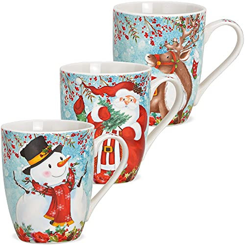 Tassen 3er Set bunte Xmas Dekore - Klassische Porzellan Kaffeebecher als Weihnachtstassen in 10 cm - Motiv Kaffeetassen für Weihnachten spülmaschinenfest und mikrowellengeeignet