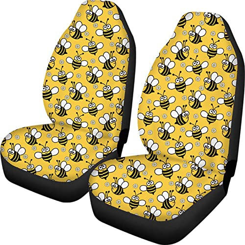 Showudesigns Universal Car Seat Cover Full Set Flower Bee Print Front Seat Covers 2 pc Protector Car Mat Covers, Fit Most Vehicle, Cars, Sedan, Truck, SUV, Van Yellow