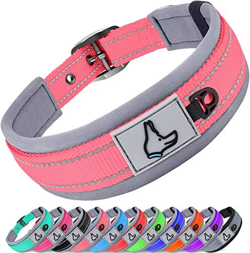 Joytale Neopren vadderade hundhalsband för medelstora hundar, 11 färger, reflekterande breda husdjurshalsband med hållbart metallbältesspänne, justerbar slitstark nylon hundkrage, rosa