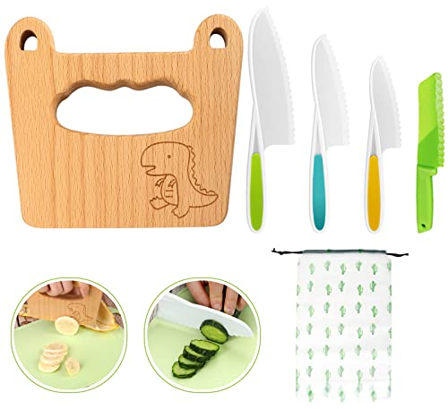 Goodchef Juego de cuchillos infantiles de 5 piezas para cortar y cocinar frutas o verduras para niños pequeños, incluye cuchillo de madera a prueba de niños a partir de 2 años (dinosaurio de ojos