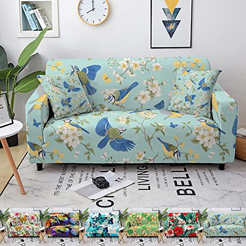 Chickwin Sofabezug 1 2 3 4 Sitzer Sofa Überwürfe Mit Armlehnen, 3D Schmetterling Drucken Mode Elastisch Polyester Weich Stretch Abwaschbar Couch Sofaüberwurf (Vogel Blume,2 Sitzer)