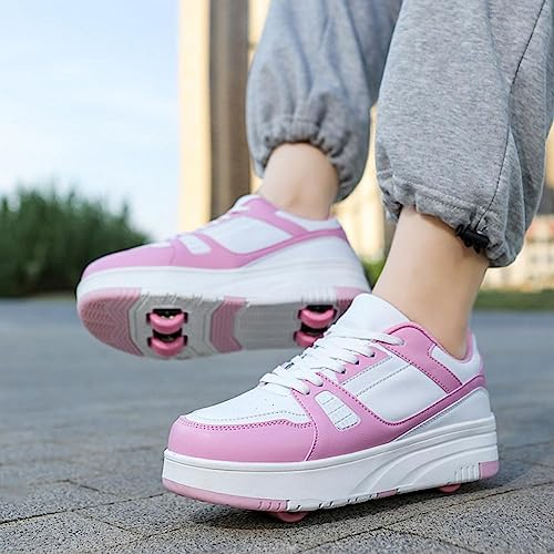 XRDSHY Schuhe mit Rollen für Kinder, 4 Rollen Skateboardschuhe Sportschuhe Jungen Mädchen, 2 in 1 Multifunktionale Rollschuhe Outdoor-Laufschuhe,Pink-39 EU