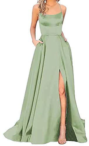 Abendkleid Damen Lang- Spaghettiträger Kleider Damen Ballkleider, Lange Satin Kleid Damen mit Schlitz Taschen Sexy Abendkleider Elegant für Hochzeit Rückenfrei Neckholder Trägekleid Hochzeitskleid