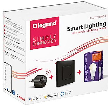 LEGRAND Valena Next Starter Pack mit Netatmo 1 Gateway Plug + 1 kabellose Beleuchtungsbefehle + 1 intelligente Glühbirne E27, klassisch/schwarz, 199211