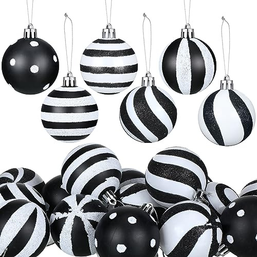 Riceshoot 24 Stück Schwarze und weiße Weihnachtskugeln 6,9 cm gestreifter Punkt hängende Weihnachtskugeln Kunststoff Schwarze Weihnachtsschmuck Weihnachtsdekoration für Zuhause und Urlaub Party