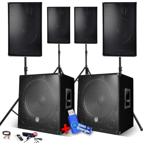 Pack Sono Complet 4800W, 4 Enceintes, 2 Subwoofers USB/Bluetooth Cable PC + Pieds, Prestations Sono DJ USB 32go Inclus