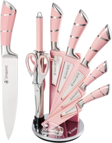 Küchenmesser-Set,9-Stücke Rosa Sharp Non-Stick beschichtet Chef Messer Block Set, Edelstahl Messer Set für Küche mit Schärfer zum Schneiden Schneiden Würfeln Hacken (Rosa)