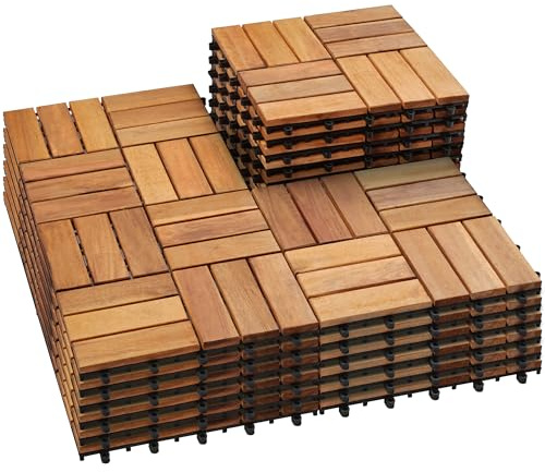 PrimeZone 27 PCS Solid Acacia Wood Interlocking Patio Deck Tiles - 12 x 12 Indoor Outdoor Waterproof Flooring Tiles for Balcony, Backyard & Poolside, All Weather Use, Natural Wood, Checker