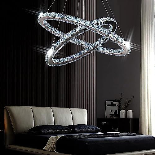 Finktonglan Lampadario moderno in cristallo, lampadario a LED con telecomando, lampada da soffitto ovale, 2 anelli, 56 cm, 32 cm, lampada a sospensione per soggiorno, sala da pranzo (luce bianca 6500