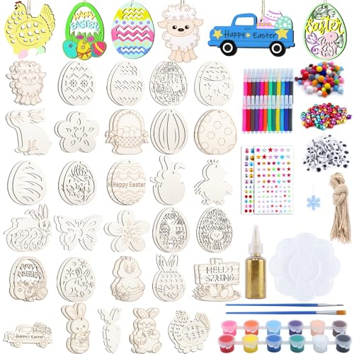 Roselee 294 Stück Ostern Basteln Holz, Holzanhänger Ostern Zum Bemalen, Osterdeko Basteln Kinder, DIY Ostereier Hasen Huhn Blume Anhänger Set mit Aquarellstift, Schnur, Pinsel Pigmente Palette