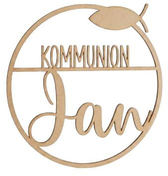 Personalisierter Holzkranz zur Kommunion & Konfirmation, 19-37cm | 3D-Schriftzug mit Name & Fisch-Symbol, Individuelle Wanddeko & Türkranz zur Firmung oder Taufe, Handgefertigt in Deutschland