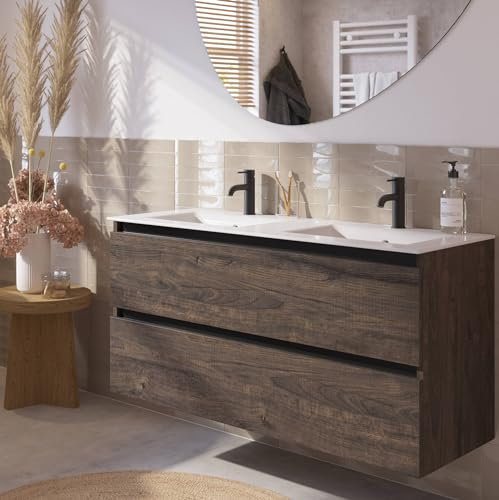 Saqu Gaia Badezimmer Badmöbel Set mit doppeltem Keramikwaschbecken 121x51 cm Vormontiert - Schlossbraun mit schwarzer Griffleiste - mit Wasbecken und Unterschrank