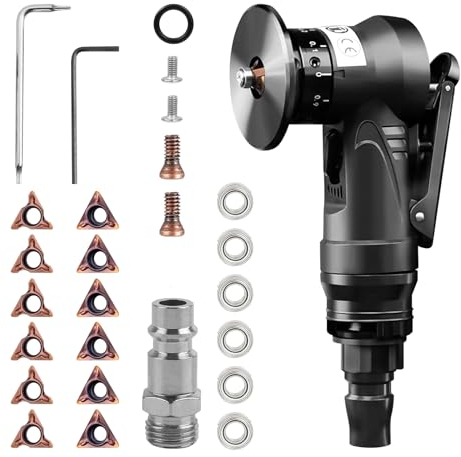 2-in-1 Pneumatische Anfasmaschine, Mini Luftfasenwerkzeug Pneumatisches Anfaswerkzeug Bogenecke 45 Grad für Metalltrimmen und Entgraten (6R + 6C Winkeleinsätze + 6 Lager)