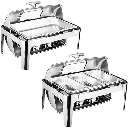 Chafing Dish Buffet Set 9l Food Insulation Tableware With Visible Roll Top Rectangular Set With Food Tray Water Tray And Fuel Rack for Dining/Parties/Hotels,one+three