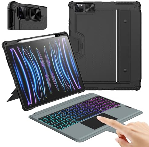 Nillkin iPad Air 13 Zoll Hülle mit Tastatur(M4/M3/M2), iPad Pro 12.9 (6/5/4/3 Gen) Multi-Touch-Trackpad,QWERTZ, Verstellbarer Ständer, Abnehmbare Tastatur mit Hintergrundbeleuchtung,Schwarz