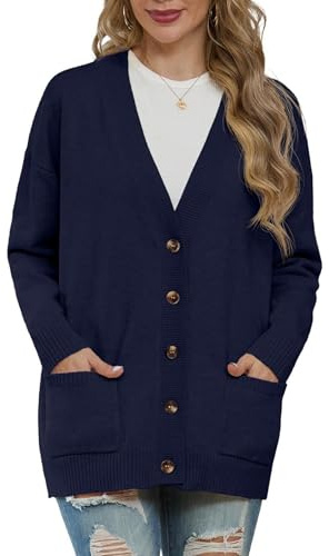 GRECERELLE - Cardigan da donna, lavorato a maglia, stile Aran, a maniche lunghe, con bottoni, taglia forte, con tasche, per inverno, autunno, primavera, blu navy, M