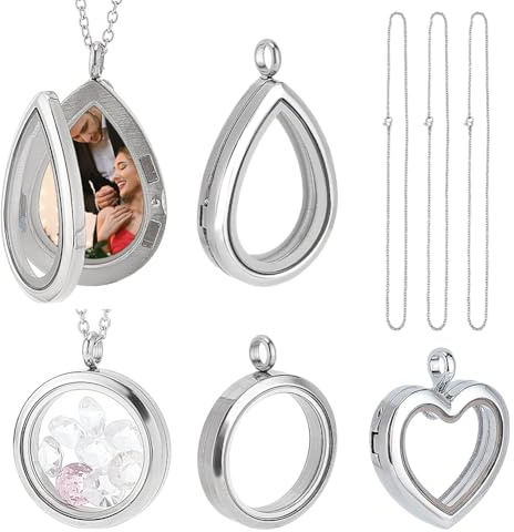 PH PandaHall 3 Styles Medaillon Anhänger Halskette 304 Edelstahl Memory Floating Charms Runde Erinnerung Halskette Teardrop Herz Anhänger für Frauen Freundschaft Halskette Speicher nostalgisch