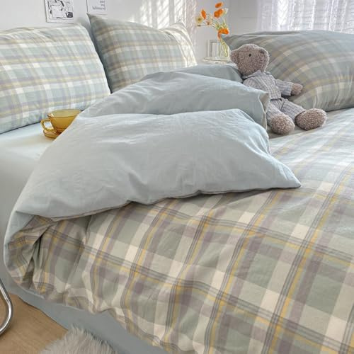 GRIPITHPY Solid Color Cotton Duvet Cover Set 4 Piece for All Seasons, Checked Soft Breathable Comforter Cover Sets, Bedding Set with Quilt Cover, Flat Sheet, Pillowcase (Twin, Green Grid 3)