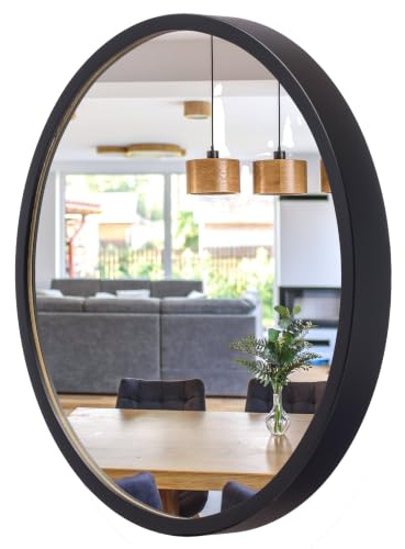 Spiegel Rund Holz Schwarz - Wandspiegel mit Holzrahmen (∅47 cm) - LEJA | Massivholz, Einfache Montage, EU-Produktion, 4 mm Spiegelglas, Sicherer Metallhaken, Pflegeleicht