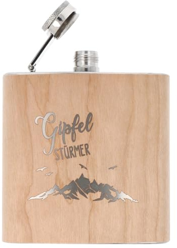 Spruchreif | Flachmann aus Edelstahl mit Gravur | Flachmann aus Holz | Outdoor Geschenk | Geschenkidee Wanderer