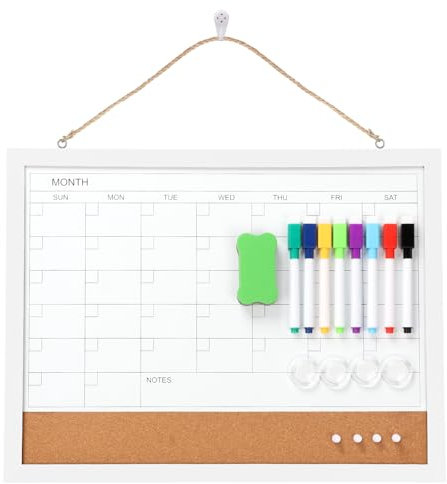 BigKing 2 in 1 Calendario Lavagna Magnetica Bianca e Bacheca in Sughero Combinata, con 8 Pennarello Cancellabile Magneti e 4 Pushpins, 4 Magnets, 1 Cancellino Magnetico Leggero (43×33 cm)