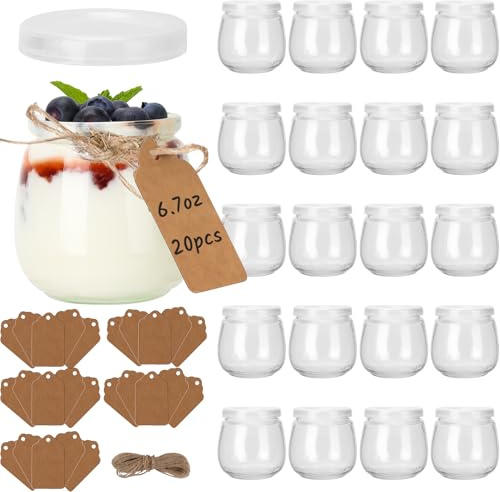 CulnCraz 190 ml Joghurtgläser mit luftdichten Deckeln, 20 Pack transparente Dessertgläser, kleine Marmeladengläser mit Etiketten und Schnur, Puddinggläser für Gelee, Honig, Tiramisu, Mousse, Müsli