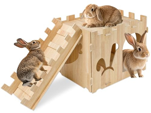 YUEPET Grand château de lapin en bois avec rampe, cachette amovible pour lapin, cochon d'Inde, chinchilla, cachette, repos