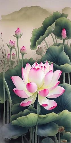 Malen Nach Zahlen Rosa Lotus Malen Nach Zahlen Kinder, XXL Groß DIY Malen Nach Zahlen Erwachsene Ölgemälde Set, mit 3-Pinseln und Acrylfarbe für Anfänger Geschenke und Home Wand Dekor 40x90cm T-838