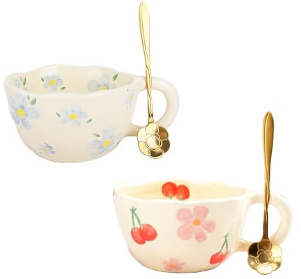 HOKMOKQOK Cute Coffee Mug, Kawaii Ceramic Tea Cup, Aesthetic Flower Cup 250 ml for Cappuccino Latte Tea Milk, Floral Mugs Cute Stuff Gift for Women Mom Birthday (Pink & Blue)