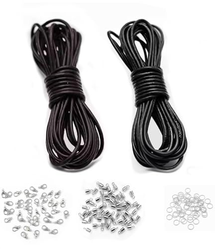 Cordino in Pelle, Corda in Cuoio Genuino, Cordoncino in Pelle per Collane, Cordoncino per Braccialetti, 10 Metri Totali, 2 mm, Include 50 Chiusure, 50 Anelli, 50 Ganci in Stile Retrò (Nero e Marrone)
