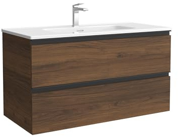 Mueble de Baño BEQUIA Metal 100cm Nogal | Lavabo Porcelana Centrado