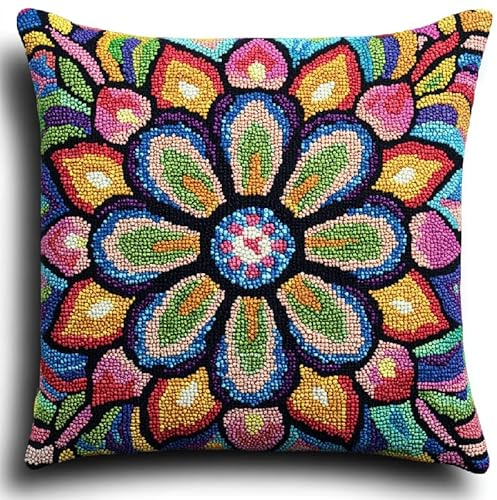 XDEGHUANGSS DIY Knüpfkissen Set mit vordruck 43x43 cm - Kreatives Handarbeits-Set für Erwachsene und Kinder zum Knüpfen,Bunte geometrische Blumen