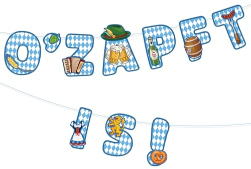 Oktoberfest Deko Bayrische Deko Girlande, 5 Meter O'ZAPFT is Buchstaben Banner, Bayerisch Wiesn Blau/Weiß Banner, Oktoberfest Party Papier Wimpelkette, für Hausgarten Bar Bierzelte Bierfest