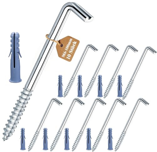 MejaRizon Schraubhaken Gerade mit Schlitz, M6-100mm, 10 Stück Hakenschrauben mit Schraub-Expansionsrohr, Verzinkte Hakenschrauben, Wandhaken, Zuverlässig Montierbar in Holz, Beton, Gipskarton