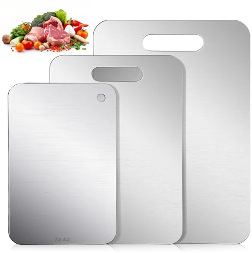3PCS Titanium Cutting Boards, Stainless Steel Chopping Board Set for Kitchen, Camping, Hiking, Double-Sided Cutting Boards for Meat, Vegetables, Fruit, Dishwasher-Safe (29x20cm,34x23cm,39x28cm)