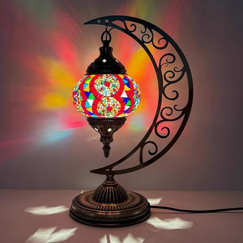 AIBOTY Lampada da Tavolo a Forma di Mezzaluna in Mosaico Turco Lampada da Comodino Bohemien Vintage Marocchina a Mezzaluna Illuminazione Decorativa Rustica per Camera da Letto Sala da Pranzo,Rosso