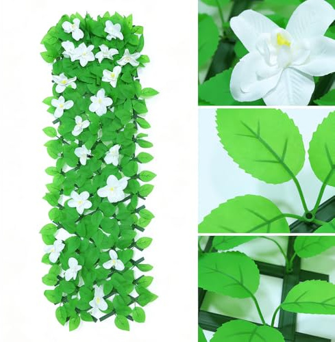 Pannelli espandibili per recinzione da giardino con fiori, recinzione espandibile per la privacy, finta edera, giardino verde, balcone, 200 x 30 cm (bianco)