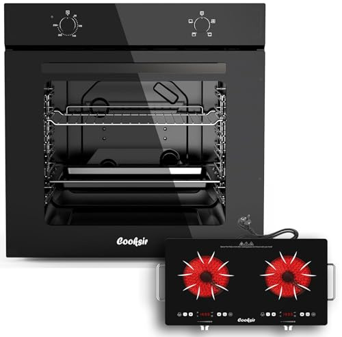 Cooksir Four Encastrable 60CM 4 Fonctions, Four Grande Capacité 65 Liters avec Prise, 2200W+ Plaque Vitrocéramique 2 Feux avec Prise, 3200W, Portable avec Poignée