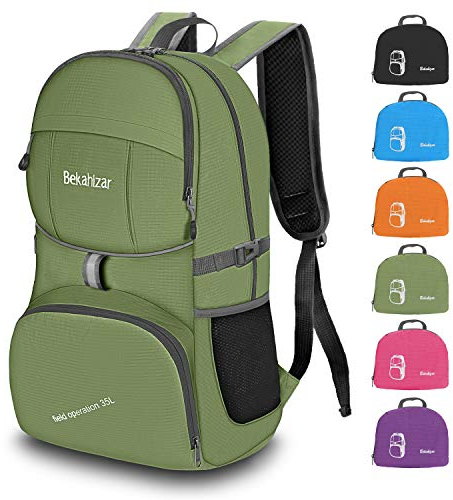 Bekahizar Lightweight Foldable Backpack 35L Hiking Rucksack Daypack Packable Travel Day Bag for Men Women Teens Outdoor Sports Walking Camping Travelling Cycling (Green)