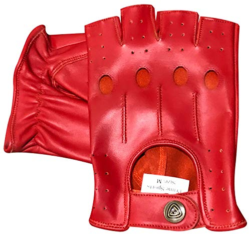 Prime Fingerlose Echtleder-Handschuhe für Motorradfahrer, halber Finger, 309 (rot, L)