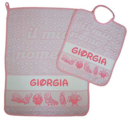 Bubabù SET ASILO PERSONALIZZATO CON NOME composto da 2 pezzi: bavaglino spugna con elastico cm.28x33, asciugamano cm.40x55 con fascia Cotone 100% Made in Italy - CONSEGNA TEMPESTIVA (ROSA)