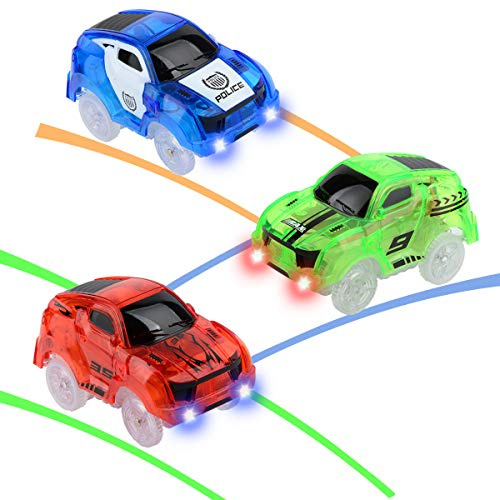 Hoshin Strax järnvägsbil, Carrera Strax bilar lysande leksaksbilar racingbana tillbehör kompatibel med Magic Tracks Glow Track ersättning pojkar och flickor 3-pack (racerbil)