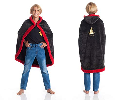 Kanguru Cape à Capuche Wizard/Magicien Enfants, Couverture Polaire, Plaid Canapé, Déguisement Fille, Couvre-Lit, Rouge et Noir, Taille 110 cm