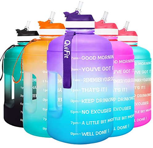 QuiFit 3.78/2.2 Litre Motivational Water Bottle - with Straw & Time Marker,Wide Mouth,BPA Free,Reusable,Ideal for Gym,Outdoor Sport,Home & Office