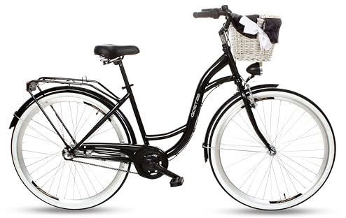 Goetze Style Vintage Retro Citybike Damenfahrrad Hollandrad, 28 Zoll Alu Räder, 3 Gange, Tiefeinsteiger, Rücktrittbremsen, Korb mit Polsterung Gratis!