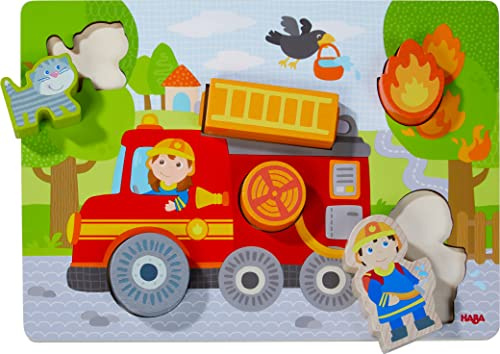 HABA Holzpuzzle Feuerwehrauto (Kinderpuzzle): 1 Puzzlebrett, 6 Puzzleteile.