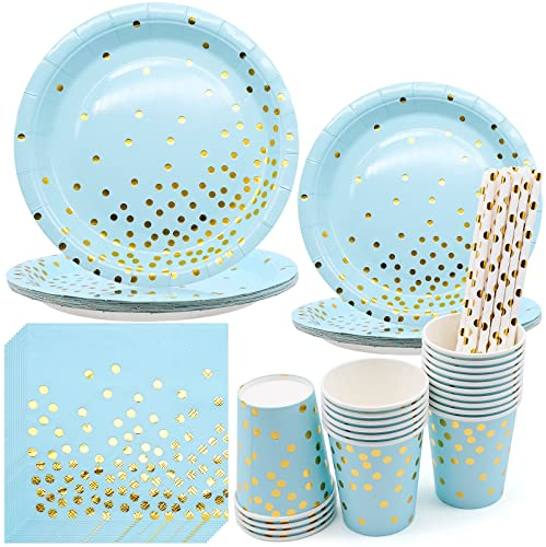 INHEMING Platos Fiesta Oro Azul 80 Piezas Juego de Vajilla Desechable Incluye Platos Servilletas Vasos Pajitas de Papel para Cumpleaños Baby Shower Niño Aniversarios Compromiso (20 Invitados)