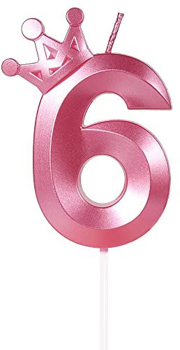 Yiran Geburtstagskerze Zahlen 6 (8cm) in Rosa mit Krone - Tortendeko und Kuchendeko für Geburtstagsdeko - Nummer 6