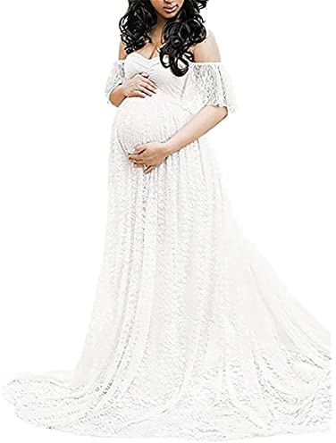 Still-Nachthemd Umstandskleid aus Spitze für Damen mit kurzen Ärmeln, langes Kleid, Fotografie, Kleid mit fliegenden Ärmeln Hochzeitskleid Schwanger (White, L)